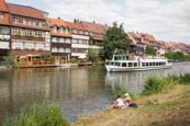 Little Venice, Former Fishermans District,  With Tourist Boat On The Regnitz River, Bamberg, Bavaria