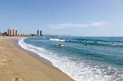 Barceloneta Beach With Surfers, Barcelona, Catalonia, Spain