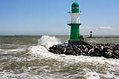 Starboard And Port Lighthouses Viewed From West Pier, Warnemuende, Mecklenburg Vorpommern, Germany