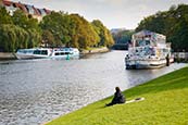 Urbanhafen, Landwehrkanal, Kreuzberg With Tourist Boat And Theaterschiff Tau, Berlin, Germany